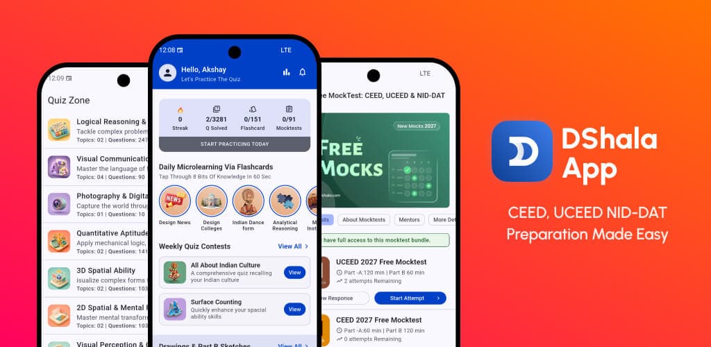 DShala app Quiz Zone, home, and mock tests on three phones
