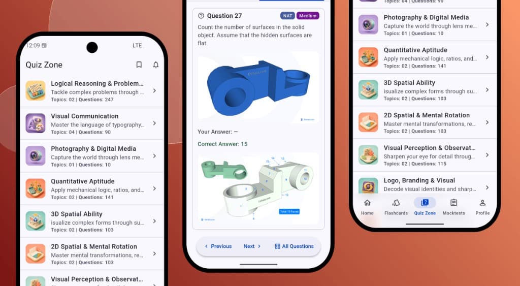 DShala Quiz Zone app on three phones — categories, a NAT question, and tab navigation